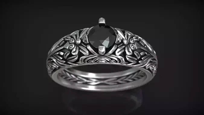 Engagement Solitaire Floral Ornamental Band with Diamond