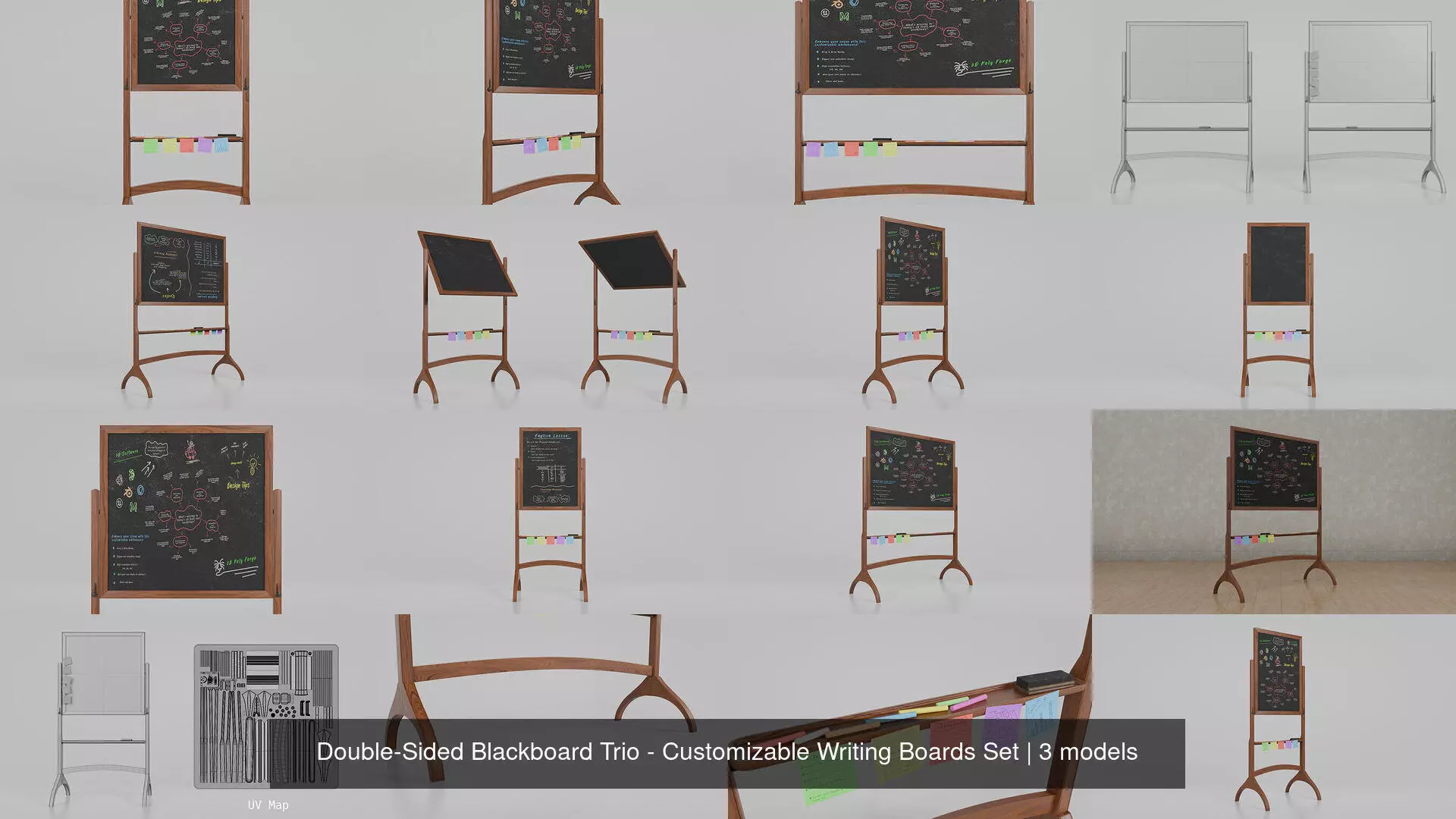 Double-Sided Blackboard Trio - Customizable Writing Boards Set 3D Model Collection_4
