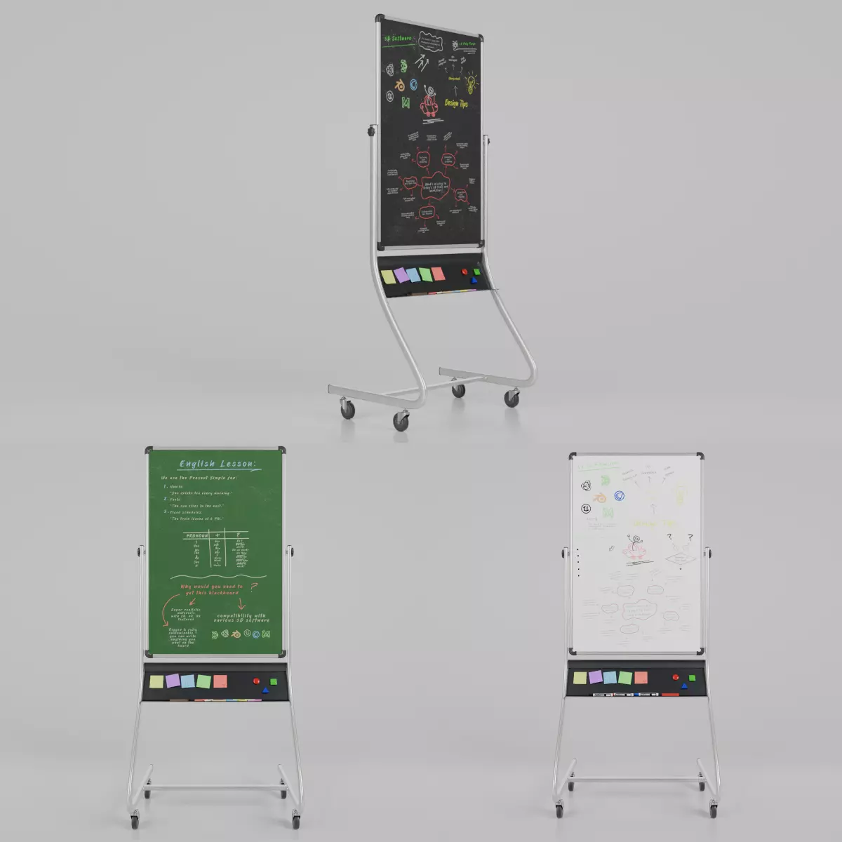 Compact Double-Sided Tall Trio - Customizable Writing Board Set 3D Model Collection_0