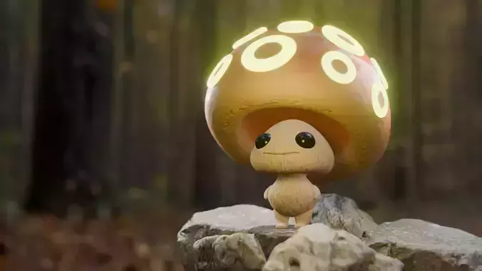  Cute Mushroom with Big Cap Standing on Forest Rocks