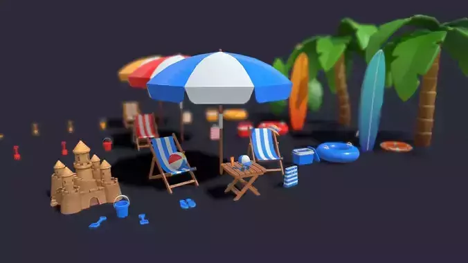 beach toys surfboard sunbath sand castle Viewing coconut trees