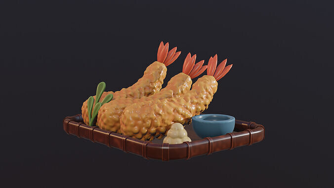 Stylized Tempura Shrimp 3D Model Japanese Food Asset Low-poly 3D model 2