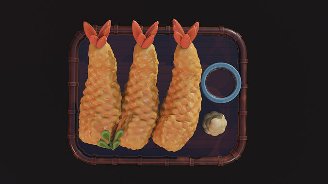 Stylized Tempura Shrimp 3D Model Japanese Food Asset Low-poly 3D model 3