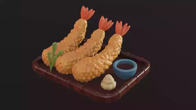 Stylized Tempura Shrimp 3D Model Japanese Food Asset