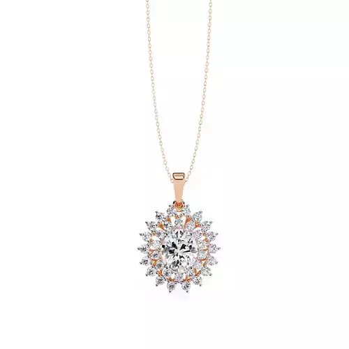 Classic Oval Double halo diamond pendant with chain for women