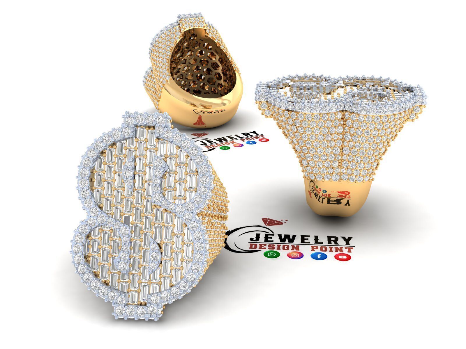 Custom Dollar Sign Ring - Money Sign Diamond Ring 3D print model_2