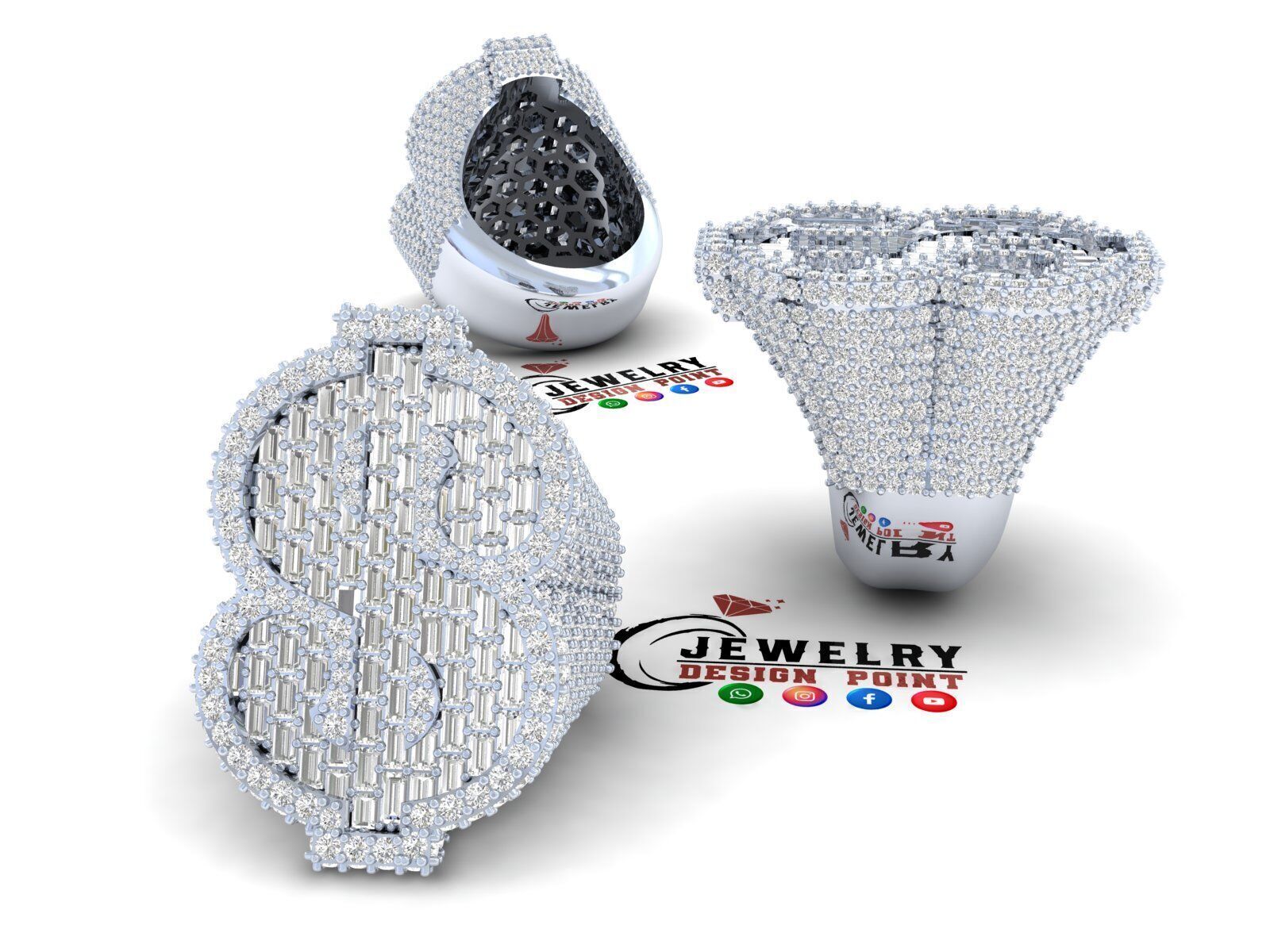 Custom Dollar Sign Ring - Money Sign Diamond Ring 3D print model_3