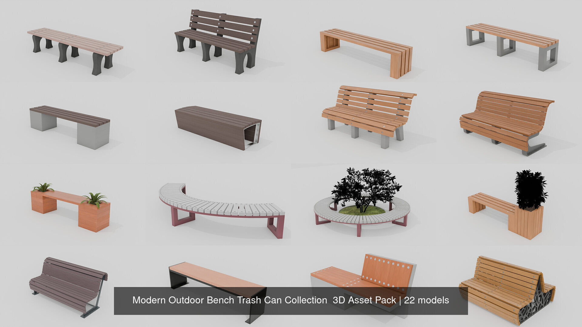 Modern Outdoor 20 Bench 2 Trash Can Collection 3D Asset Pack _1