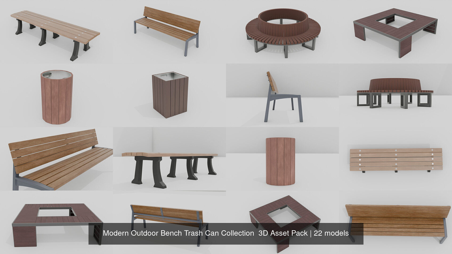 Modern Outdoor 20 Bench 2 Trash Can Collection 3D Asset Pack _3