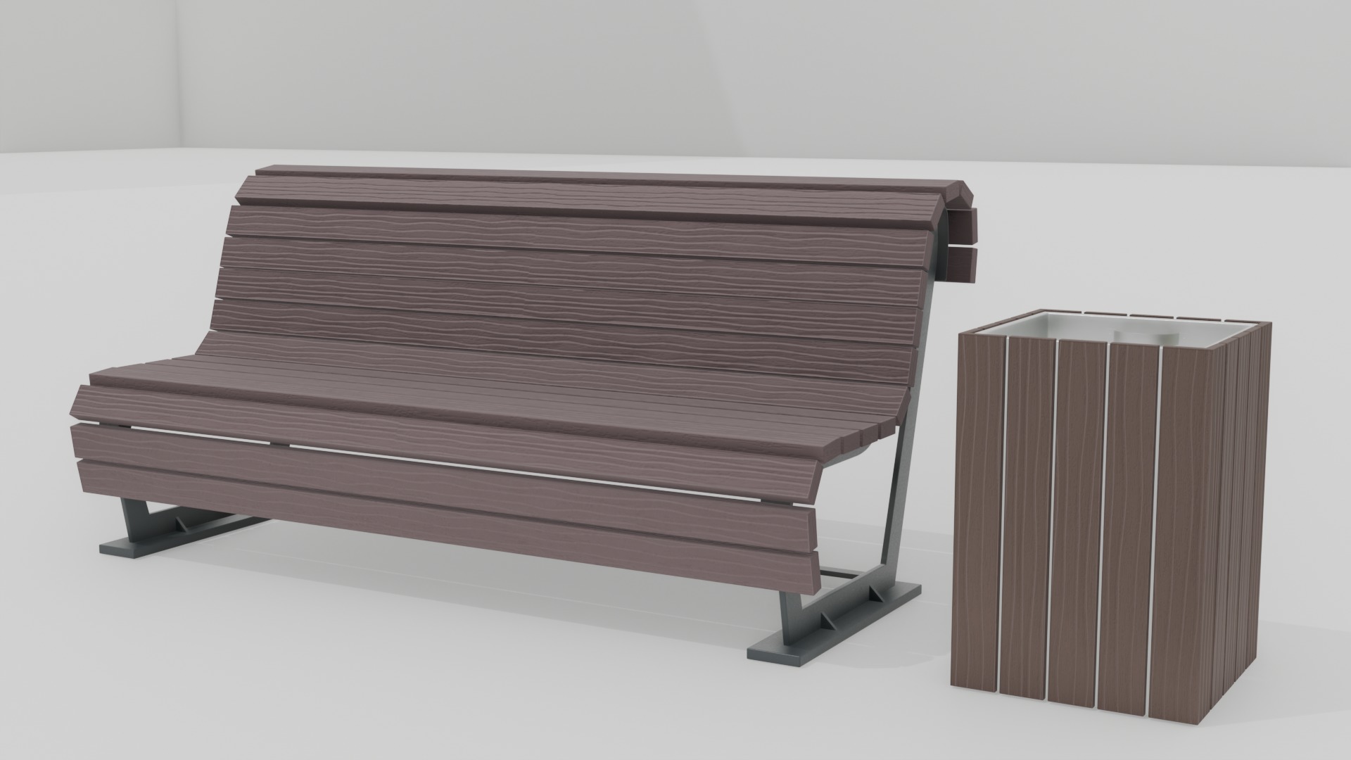 Modern Outdoor 20 Bench 2 Trash Can Collection 3D Asset Pack _5