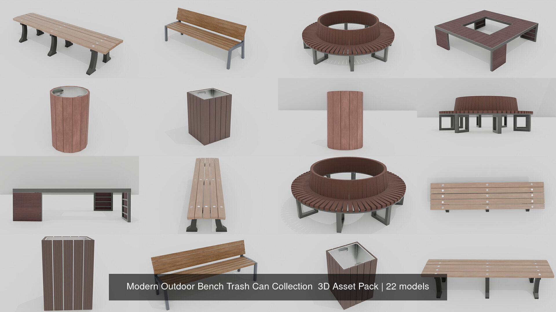 Modern Outdoor 20 Bench 2 Trash Can Collection 3D Asset Pack _2