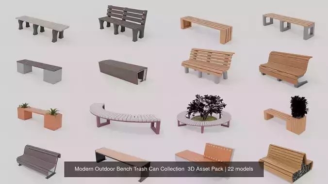 Modern Outdoor 20 Bench 2 Trash Can Collection  3D Asset Pack 