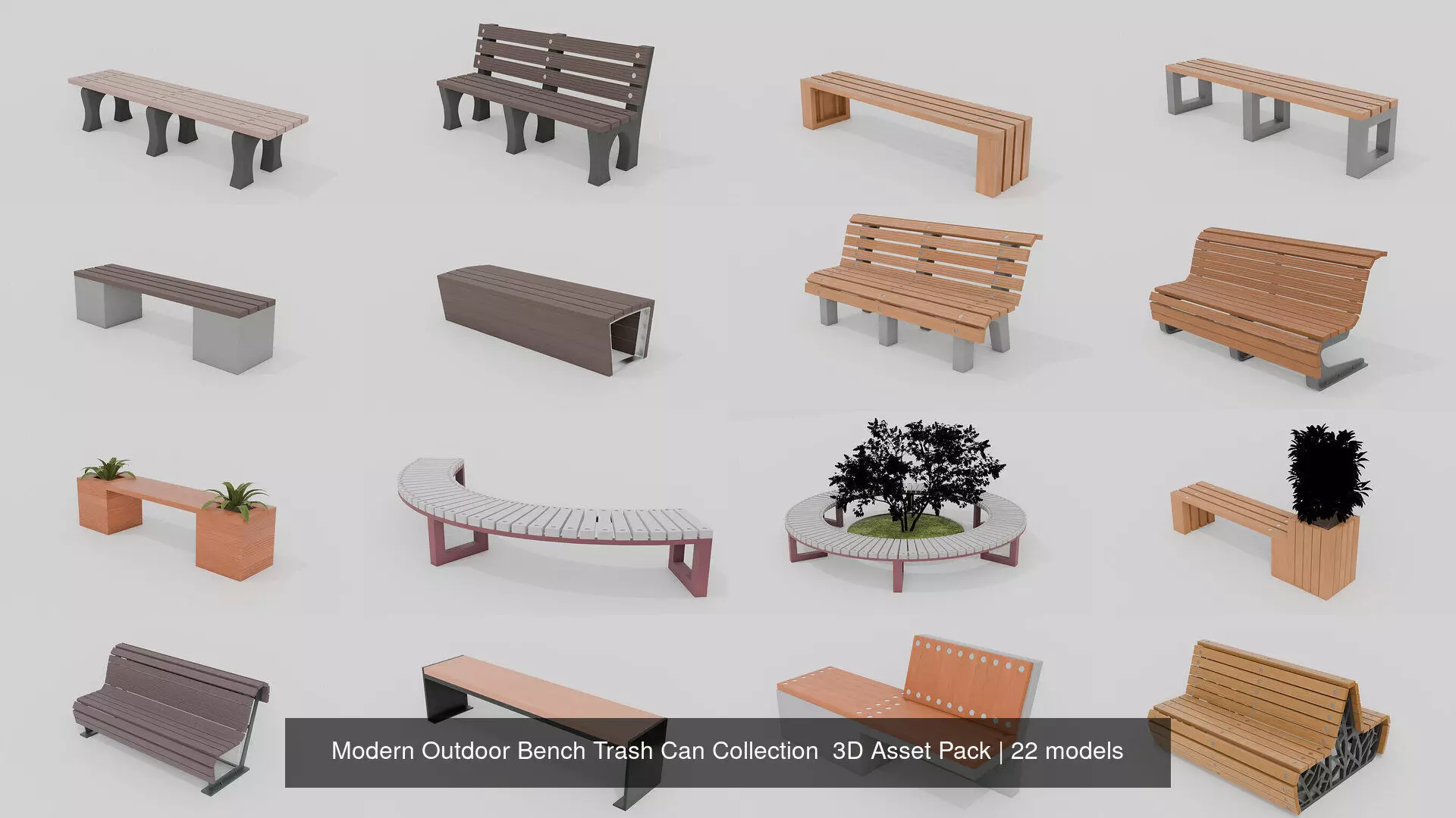 Modern Outdoor 20 Bench 2 Trash Can Collection 3D Asset Pack _0