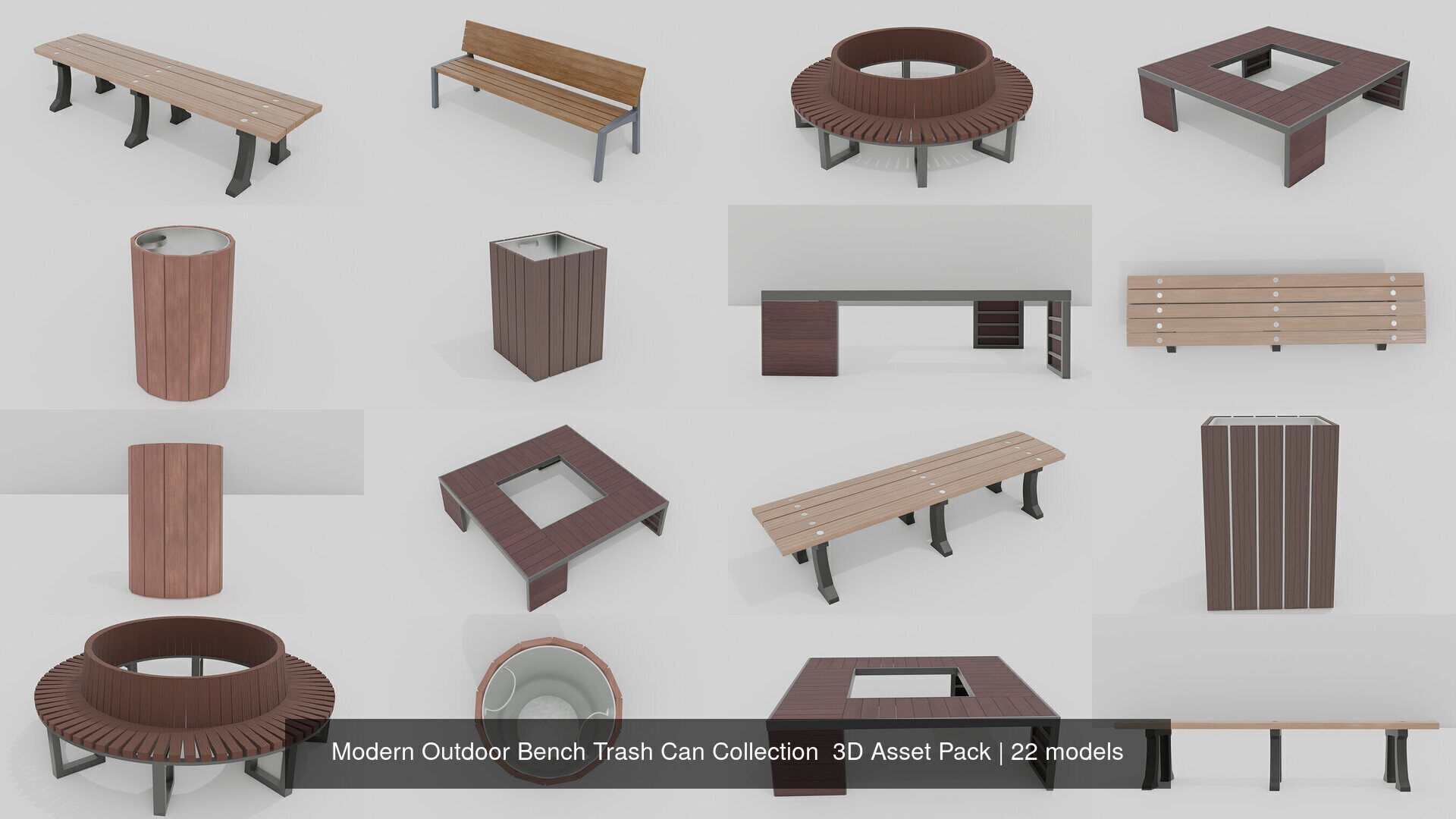Modern Outdoor 20 Bench 2 Trash Can Collection 3D Asset Pack _4
