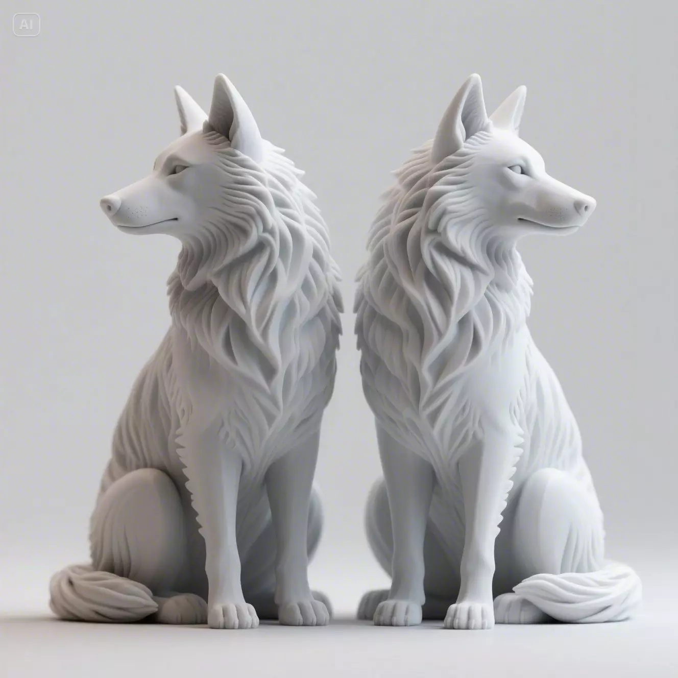 Symmetrical Twin Wolves Sculpture in Vigilant Balance 3D print model_0