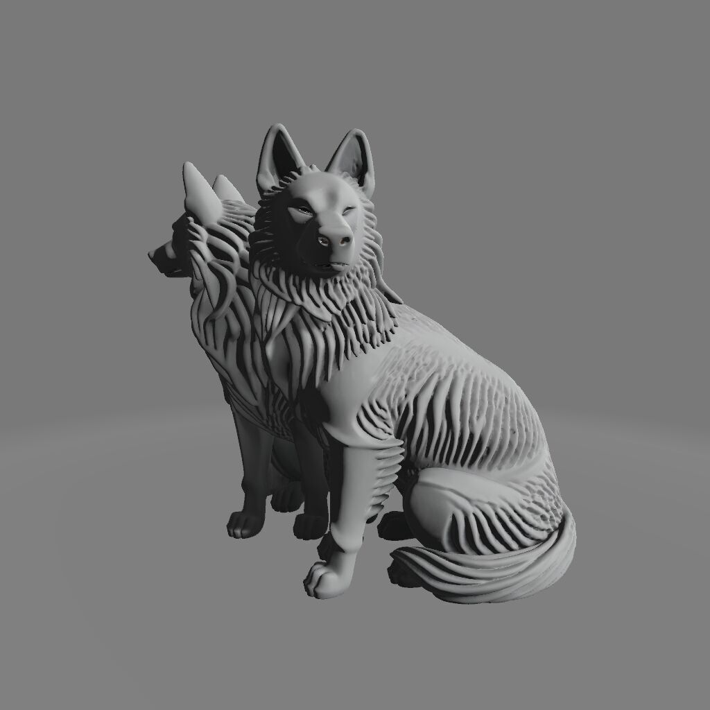 Symmetrical Twin Wolves Sculpture in Vigilant Balance 3D print model_3