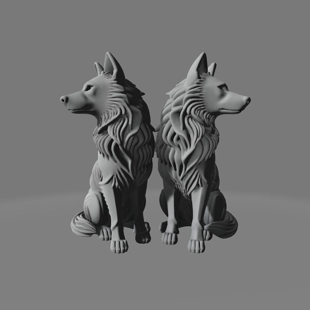 Symmetrical Twin Wolves Sculpture in Vigilant Balance 3D print model_1