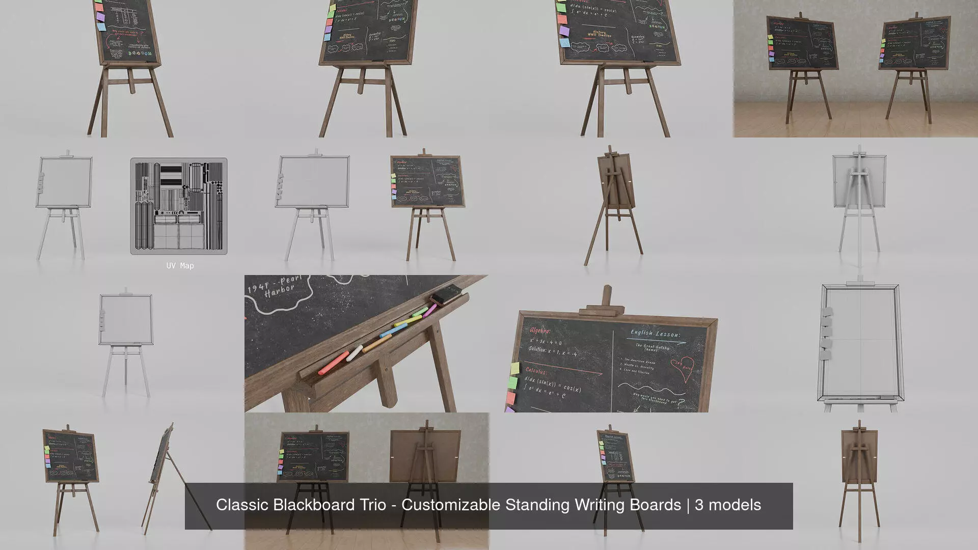 Classic Blackboard Trio - Customizable Standing Writing Boards 3D Model Collection_4