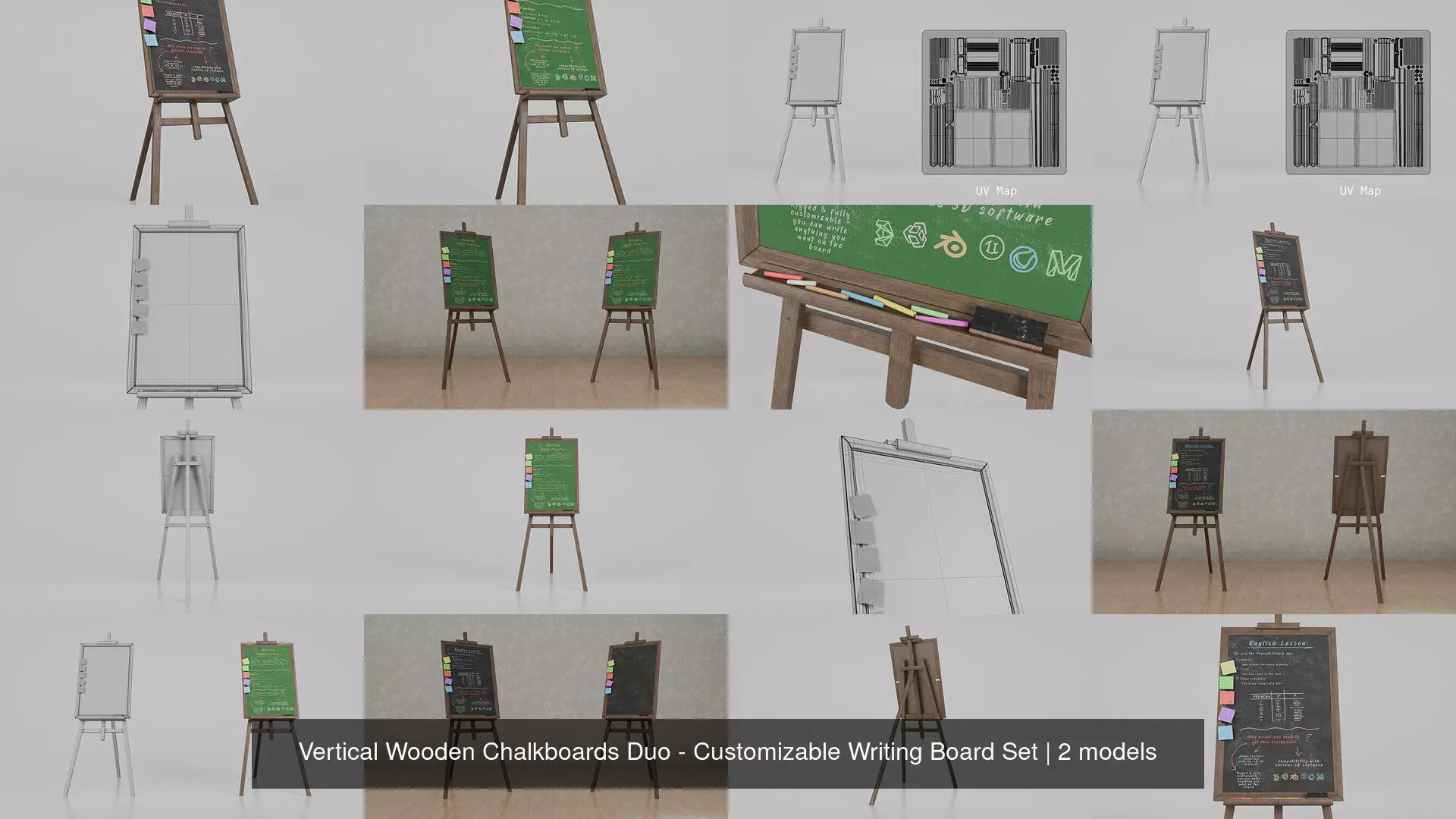 Vertical Wooden Chalkboards Duo - Customizable Writing Board Set 3D Model Collection_3
