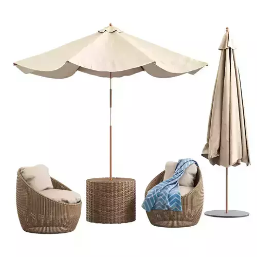 Round Umbrella and Rattan Outdoor Papasan Lounger