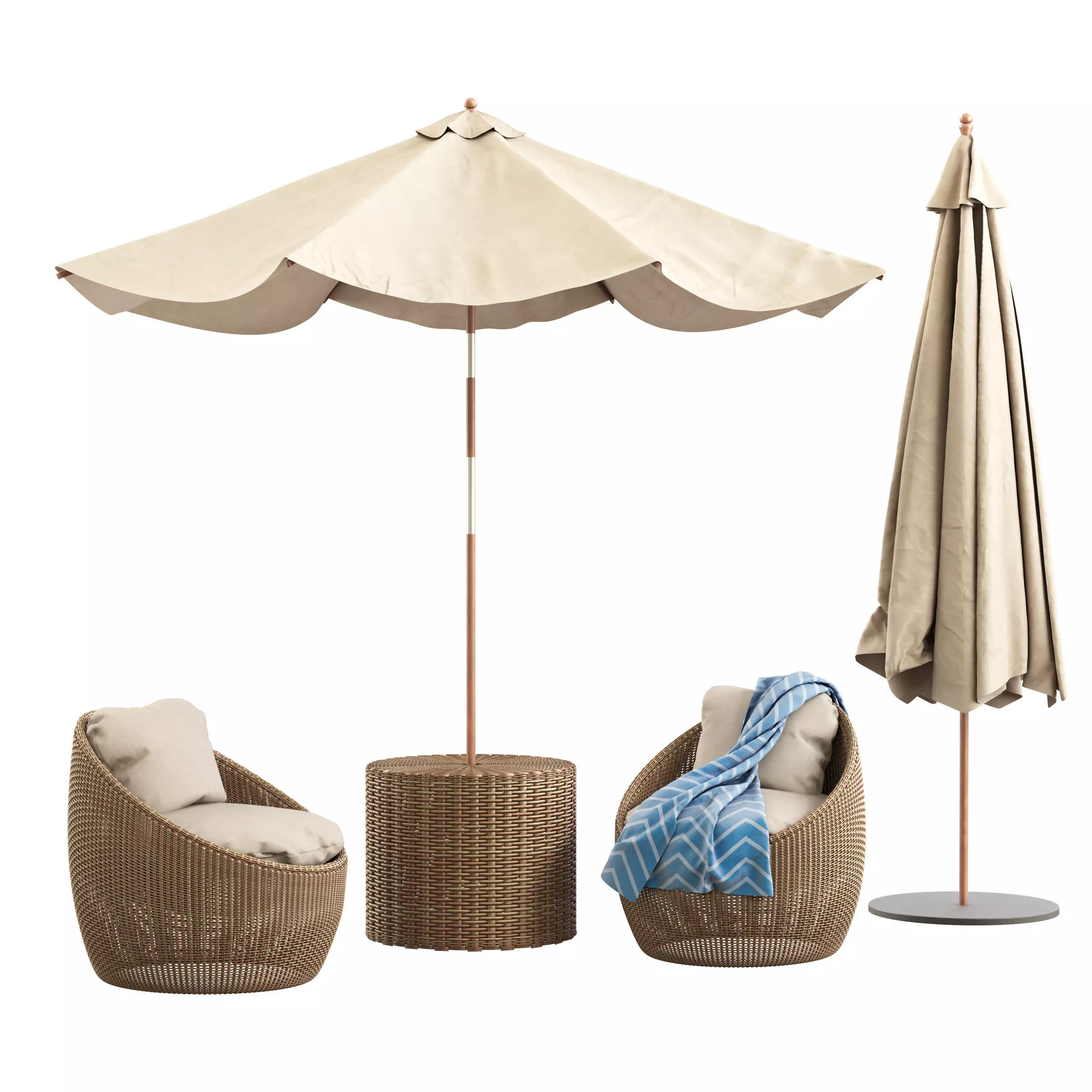Round Umbrella and Rattan Outdoor Papasan Lounger 3D model