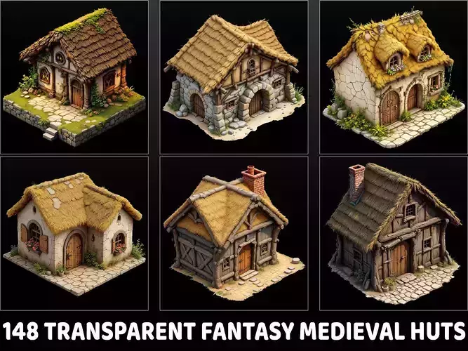 148 Transparent Fantasy Medieval Huts Game Assets