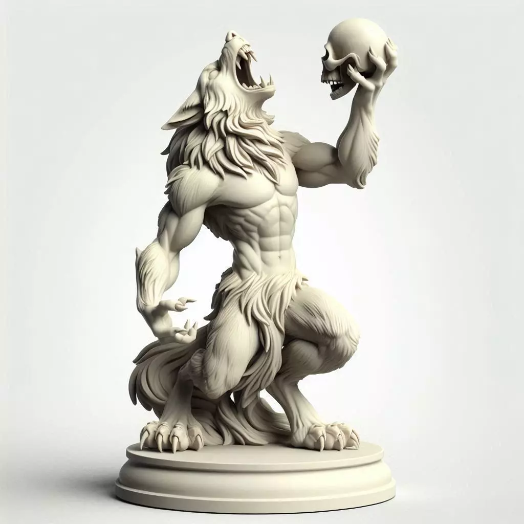 218 Ivory Werewolf Howling with Skull 3D Model monster fantasy 3D print model_0