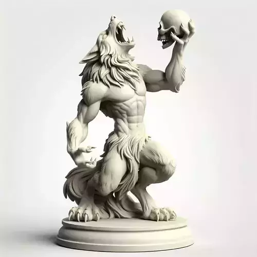 218  Ivory Werewolf Howling with Skull 3D Model  monster fantasy
