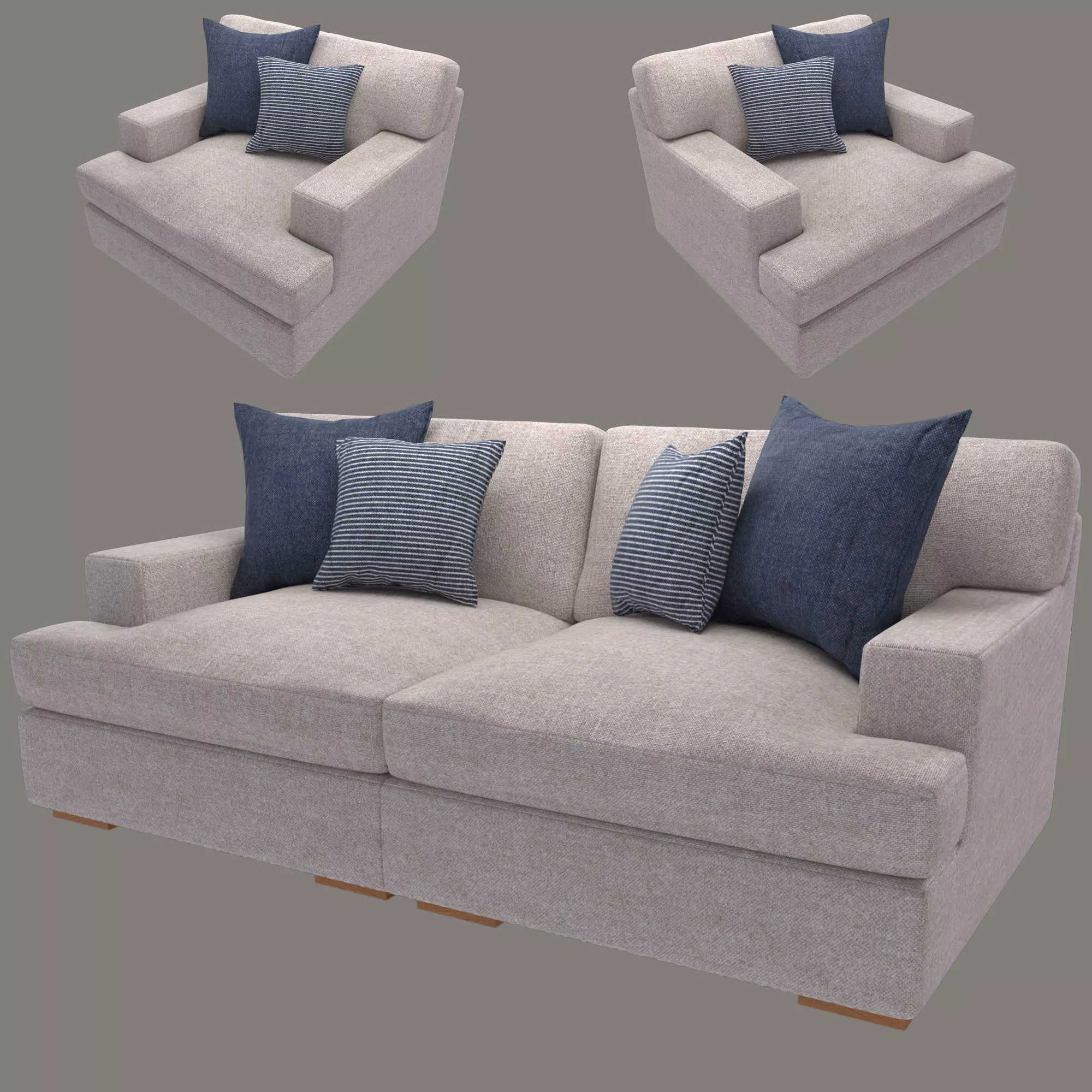 T-Shape Cushion  Upholstered Couch and Armchair  Low-poly 3D model_0