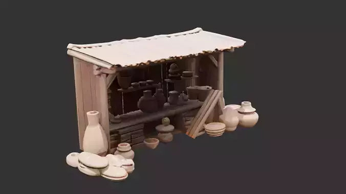 Medieval Pottery and Clay Stall Low-poly 3D model