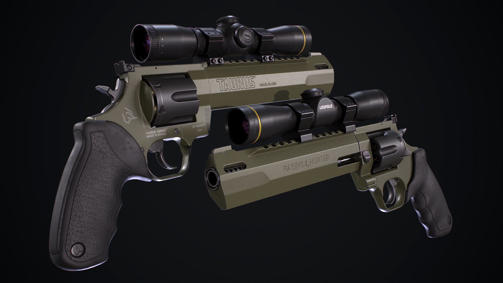 Taurus Raging Hunter 44 Magnum  Army Green Low-poly 3D model_4
