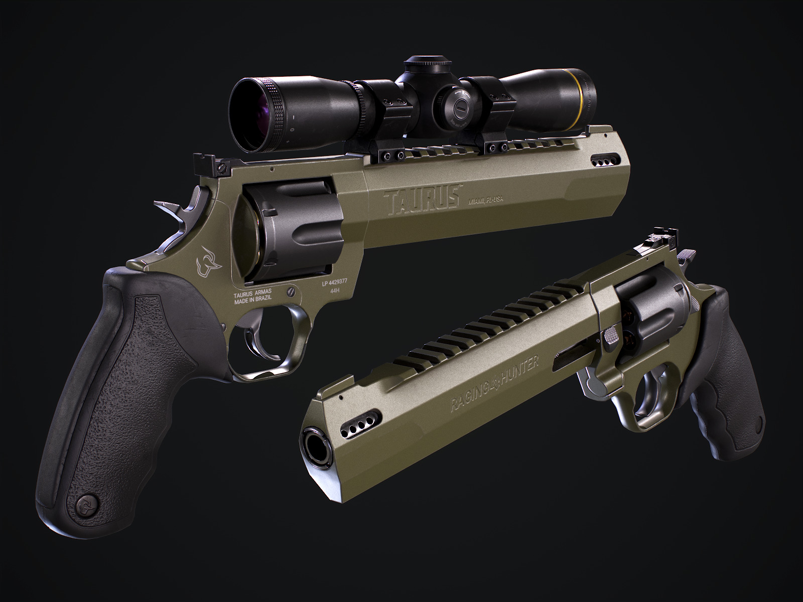 Taurus Raging Hunter 44 Magnum  Army Green Low-poly 3D model_2