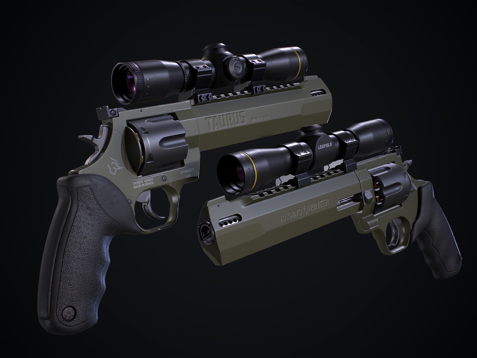 Taurus Raging Hunter 44 Magnum  Army Green Low-poly 3D model_8