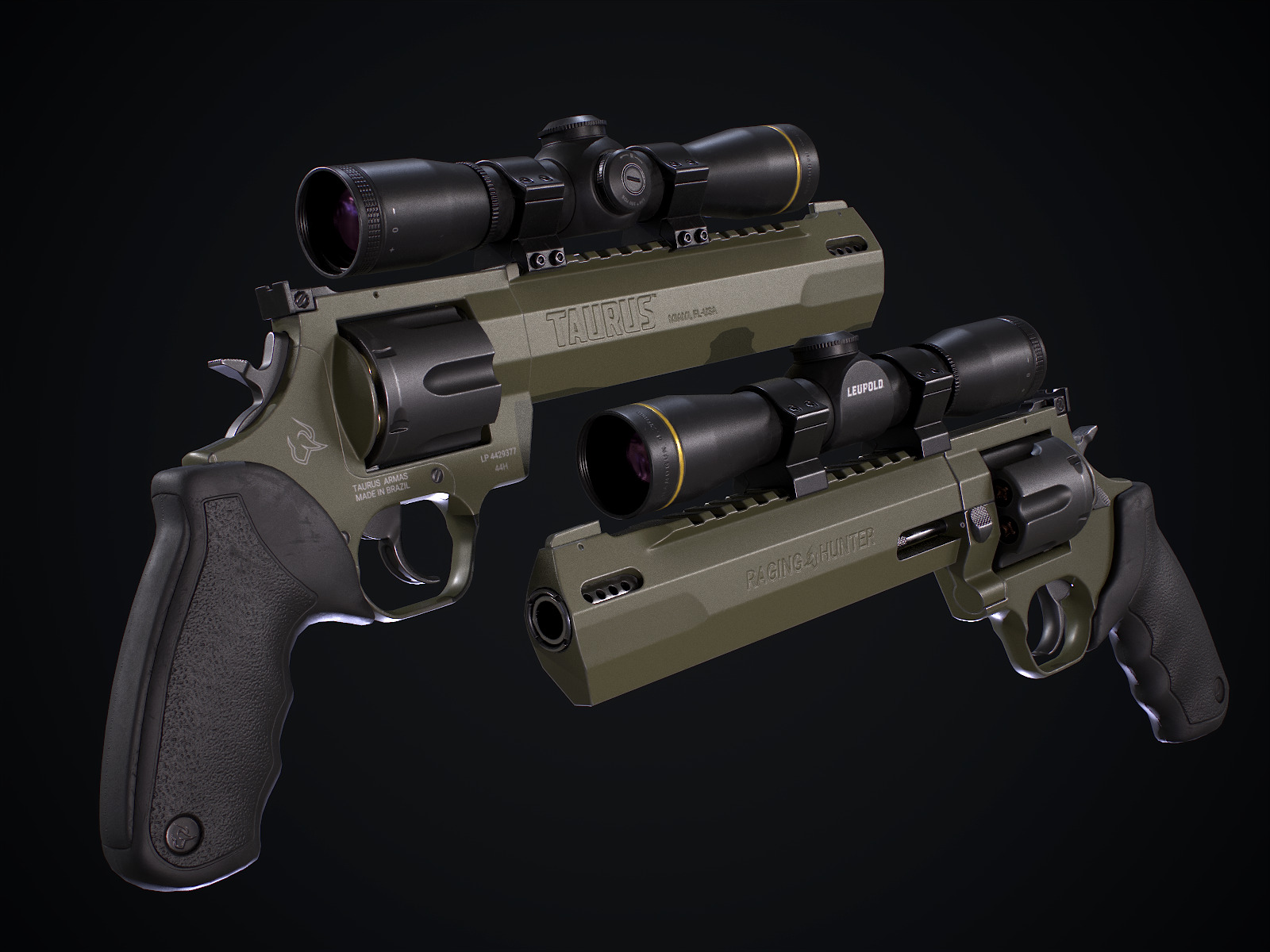 Taurus Raging Hunter 44 Magnum  Army Green Low-poly 3D model_9