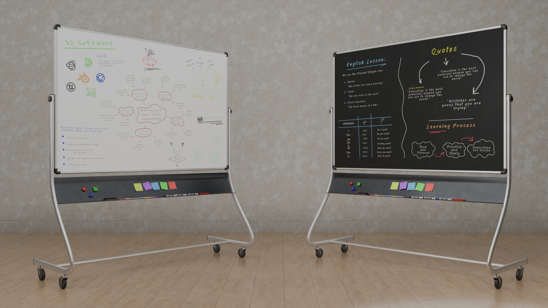 Dual-Sided Customizable Whiteboard and Chalkboard Full Set 3D Model Collection_11