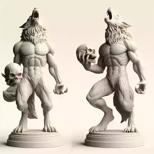 27 Ivory Werewolf Howling with Skull Minimalist Statue dog