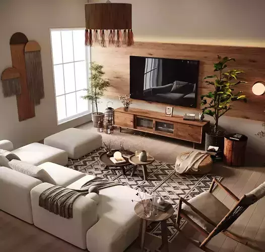 Cozy Boho-Living Room Natural Interior 3D Scene