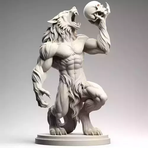 30 Ivory Werewolf Howling with Skull Minimalist Statue fantasy