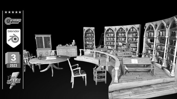 Medieval Library Model Pack lowpoly 3D Model Low-poly 3D model