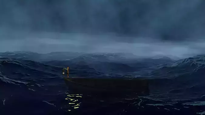 A boat in the middle of a storm in the ocean CGI