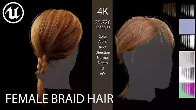 Game ready female short braid hairstyle - real time hair cards Low-poly 3D model