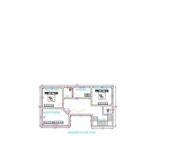 Modern 2BHK Ground Floor House Plan 50x28 Feet AutoCAD Drawing