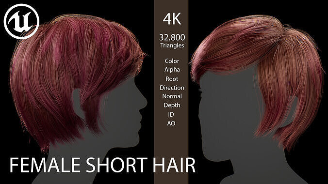 Game ready female Short hairstyle - real time hair cards Low-poly 3D model
