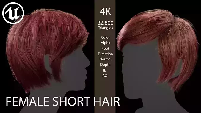 Game ready female Short hairstyle - real time hair cards Low-poly 3D model