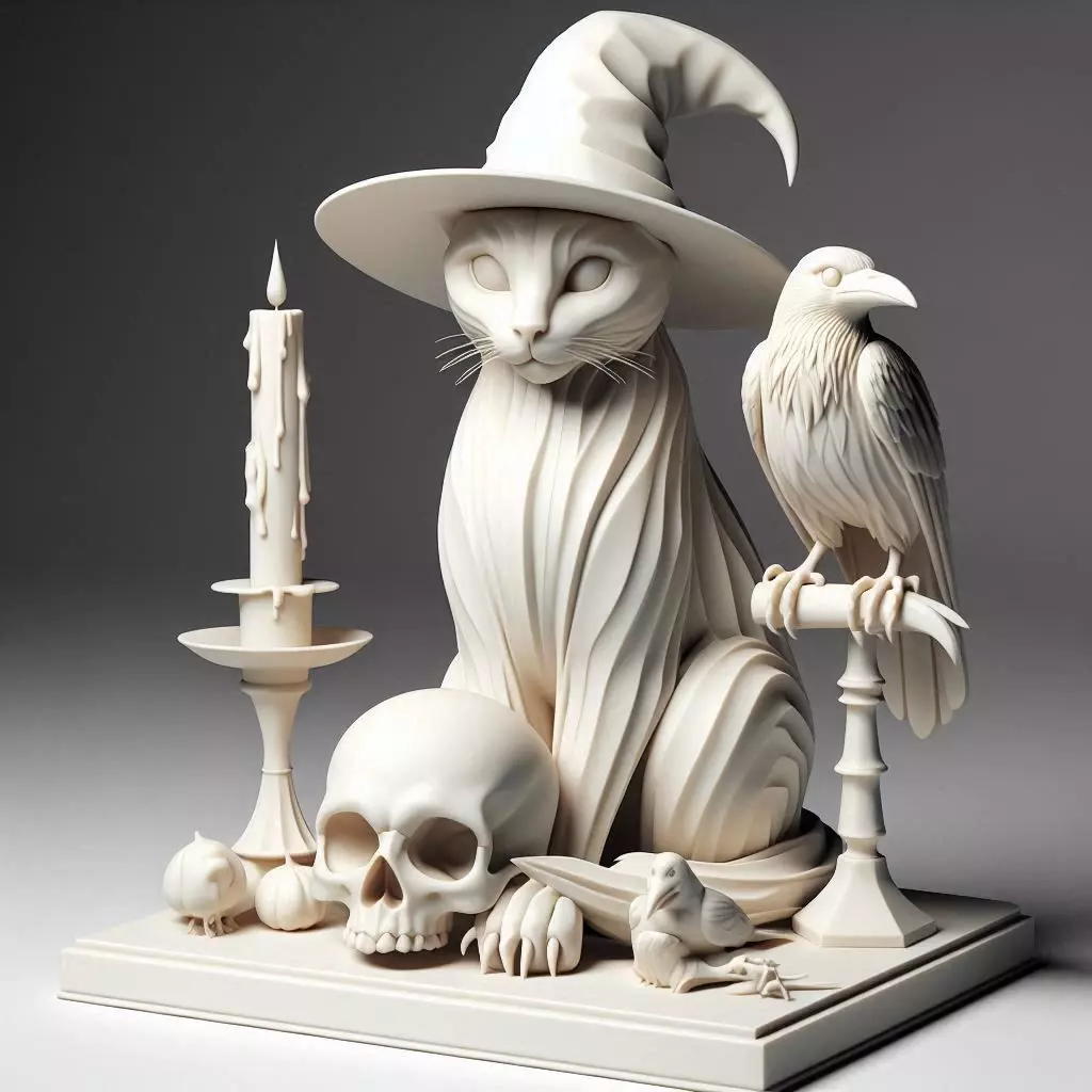 49 Witch Cat Composition Skull Raven Candleholder on Ivory Base 3D print model_0
