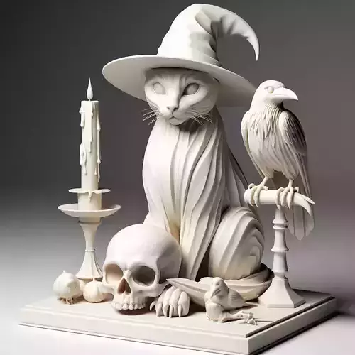 49 Witch Cat Composition Skull Raven Candleholder on Ivory Base