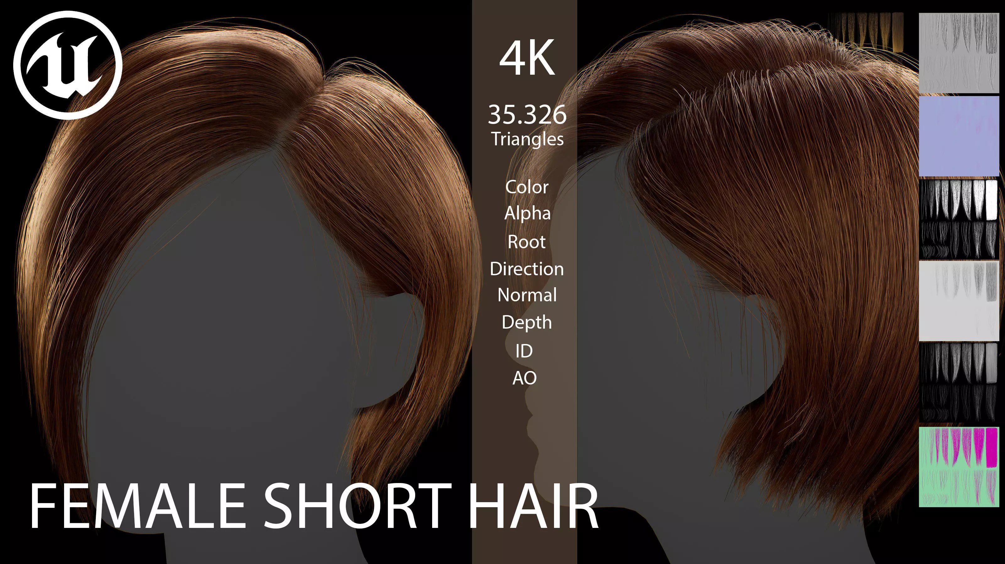Game ready female Short bang hairstyle - real time hair cards Low-poly 3D model