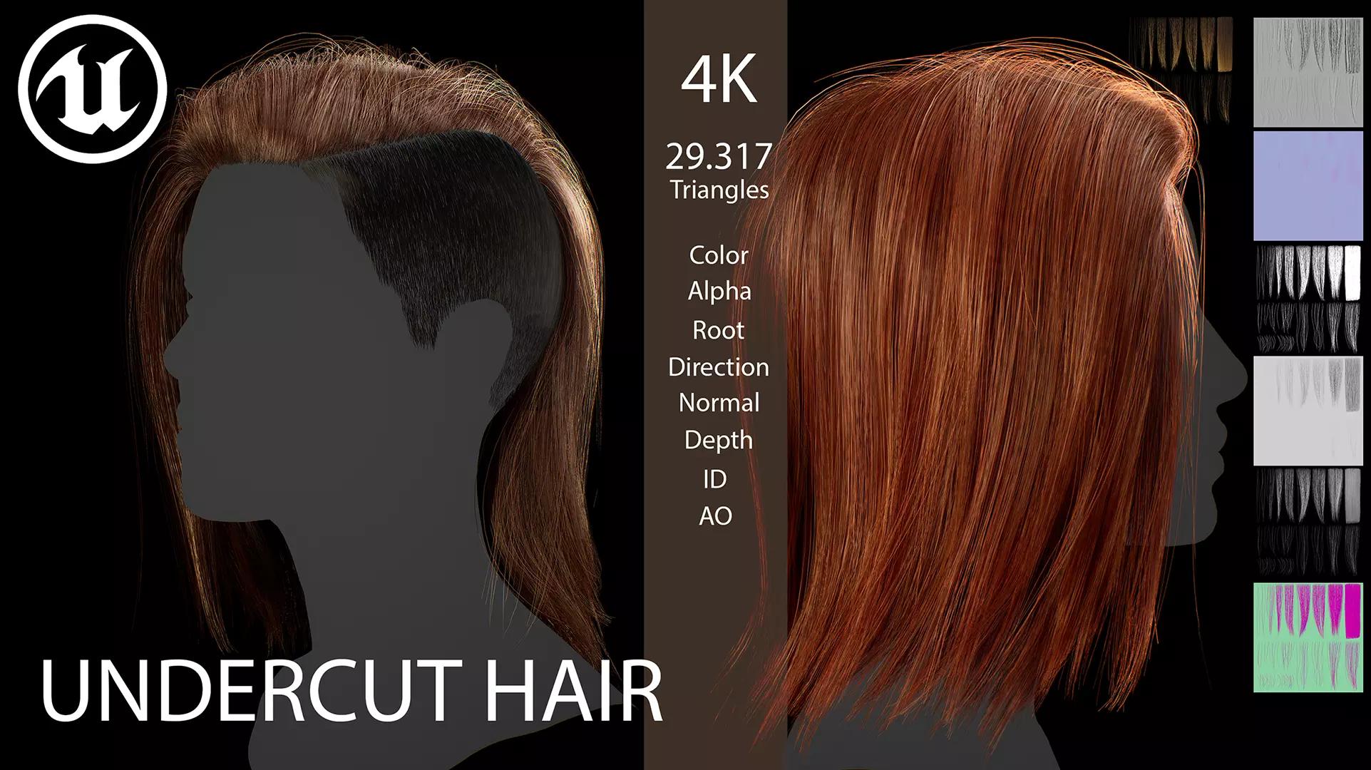 Game ready undercut female hairstyle - real time hair cards Low-poly 3D model_0