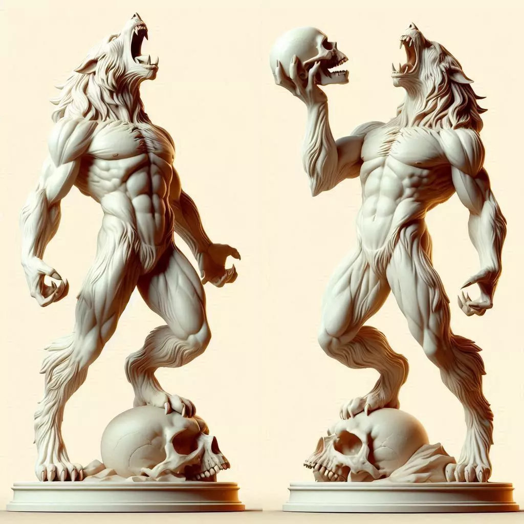 51 Ivory Werewolf Howling with Skull 3D Model monster animal 3D print model_0
