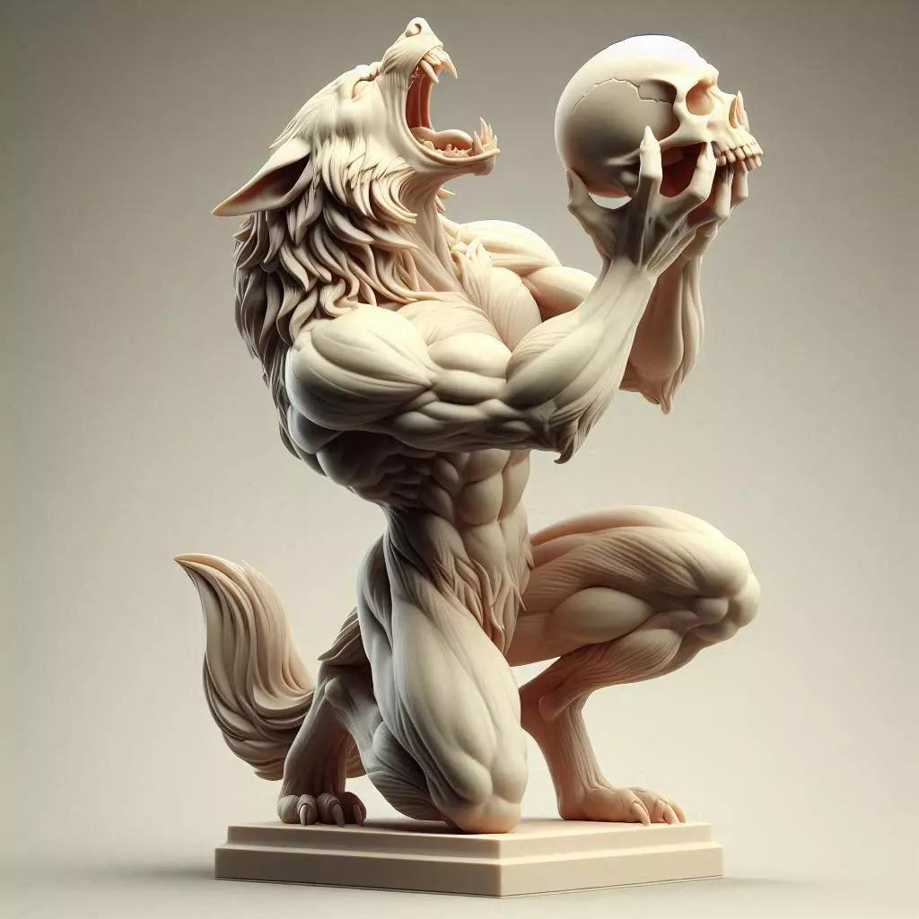 53 Ivory Werewolf Howling with Skull 3D Model fantasy art 3D print model_0